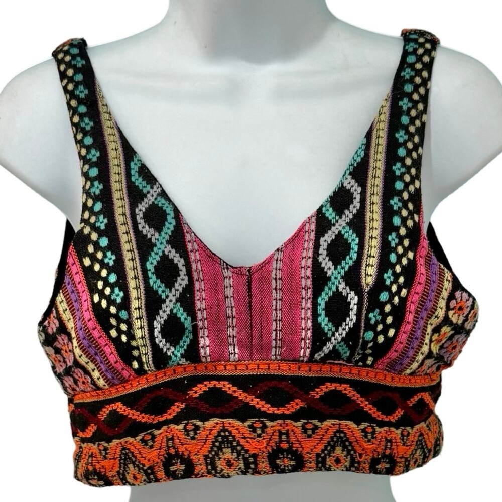 Tribal Festival Black Orange Pink Embroidered Cotton Tank Crop Bra Top size S - Picture 3 of 8